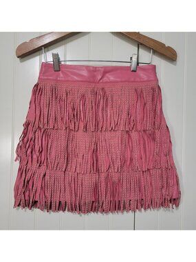 Dolly Barbie Cowgirl Rodeo Pink Faux Leather Studded Fringe Tiered Mini Skirt S